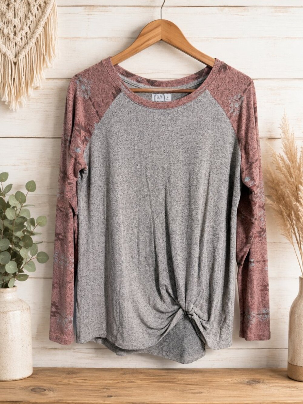 Maurices 24/7 Gray Mauve Southwestern Twist Front Top